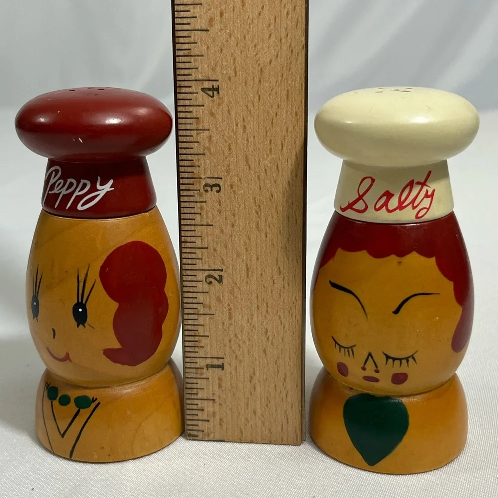Vintage S&P Salty & Peppy Wooden Shakers MCM Handpainted